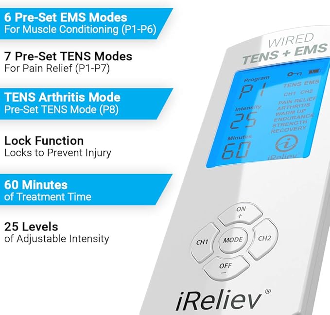 iReliev TENS Unit + EMS Muscle Stimulator Comes with 14 Therapy Modes, Premium Pain Relief and Recovery System, Rechargeable, Large Back Lit Display, Large and Small Electrode Pads-StrideForce Fitness