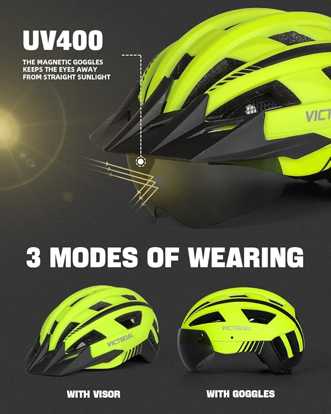 VICTGOAL Bike Helmet for Men Women with Led Light Detachable Magnetic Goggles Removable Sun Visor Mountain & Road Bicycle Helmets Adjustable Size Adult Cycling Helmets-StrideForce Fitness