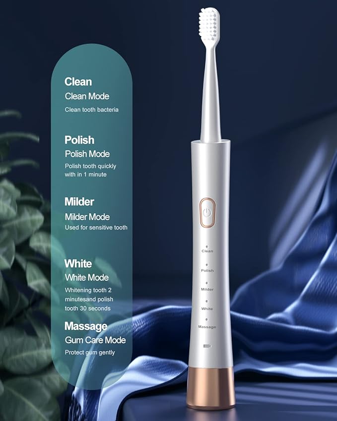 High Vibration Sonic Electric Toothbrush for Adults with 2 Minutes Smart Timer, Fast Charge Lasts Long, 5 Optional Modes, 8 Replacement Brush Heads Ultra Whitening, White