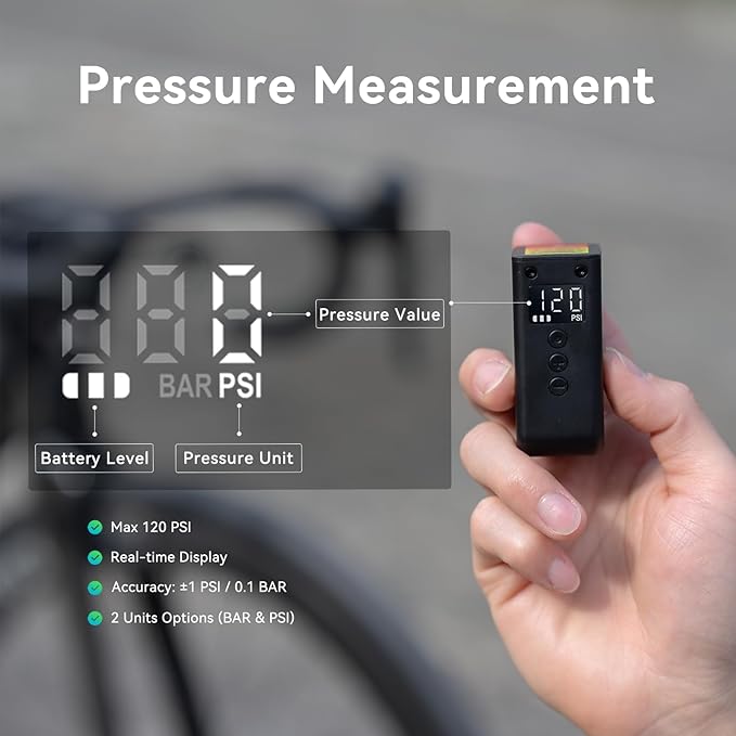 CYCPLUS AS2 Ultra Tiny Bicycle Pump with Gauge, Max 120 PSI Electric Mini Pump, Auto Stop, with Presta and Schrader Valve for E-Bike, MTB, and Road Bike AS2 Ultra (3.06oz)-StrideForce Fitness