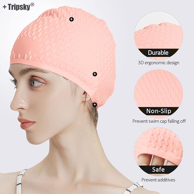 Tripsky Silicone Swim Cap,Comfortable Bathing Cap Ideal for Curly Short Medium Long Hair, Swimming Cap for Women and Men, Shower Caps Keep Hairstyle Unchanged…-StrideForce Fitness
