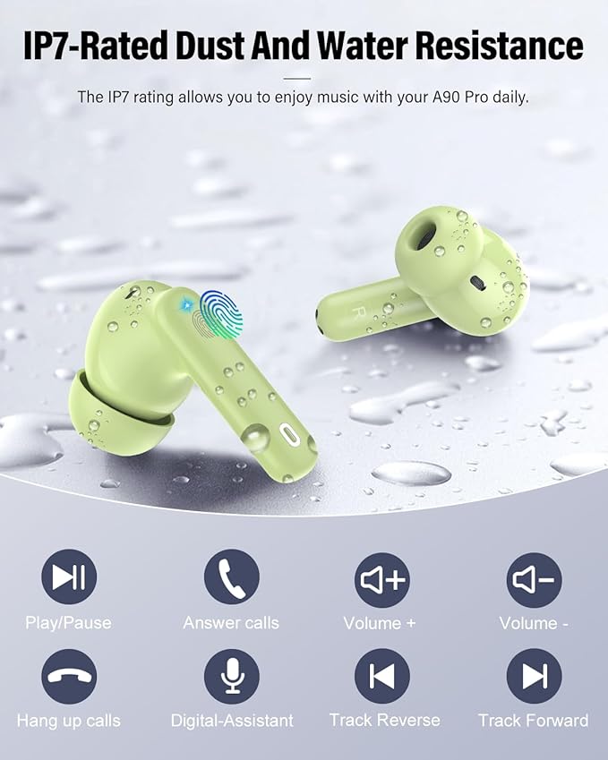 Wireless Earbuds, Bluetooth 5.4 Headphones Bass Stereo, Ear Buds with Noise Cancelling Mic, IP7 Waterproof in Ear Earphones, 36H LED Display Bluetooth Earbuds for Laptop Pad Phones Sports, Grass Green-StrideForce Fitness