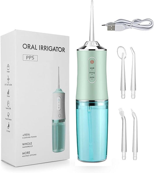 Water Dental Flosser Teeth Pick, Cordless Portable Oral Irrigator for Teeth, Dentures, and Braces 4 Modes & Jet Tips, IPX7 Waterproof (Green)