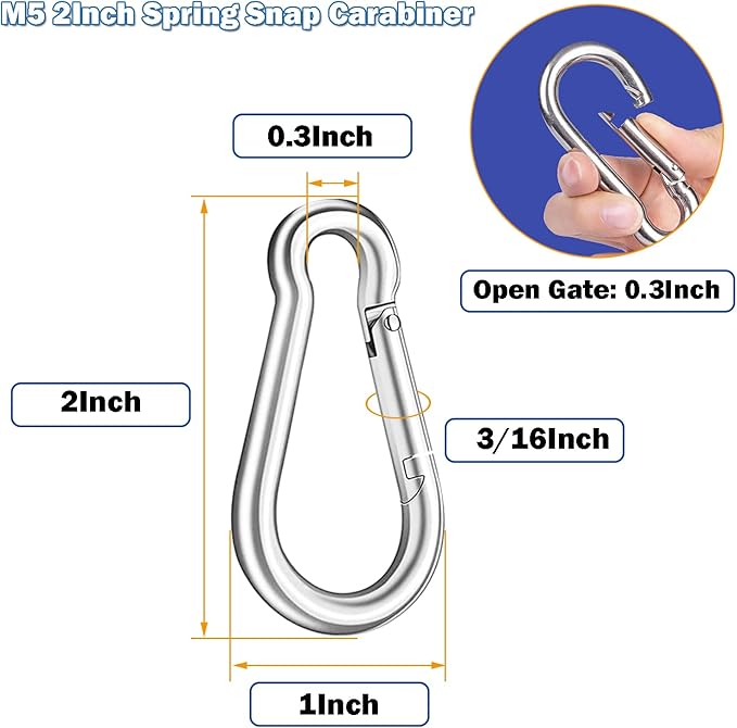 200PCS 2" Spring Snap Hook Carabiners, 3/16" Heavy Duty Galvanized Steel Carabiner Clips, 220lbs Capacity M5 Spring Clips Keychain for Hammock Swing,Dog Leashes, Water Bottle and Outdoor Activities-StrideForce Fitness