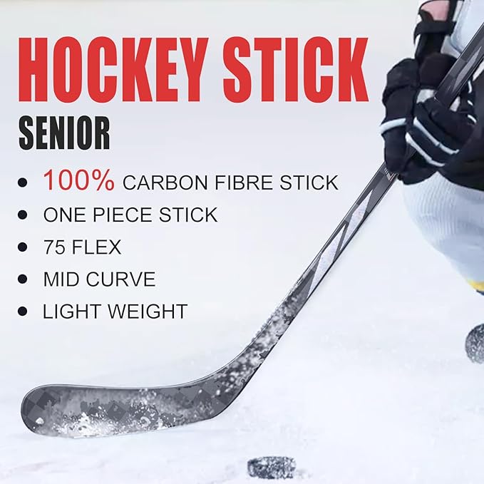 GY Ice Hockey Stick Senior Professional 100% Carbon Fibre Hockey Stick Adult 66"" Length, Shaft Woven UD 24K / Fle 75-StrideForce Fitness