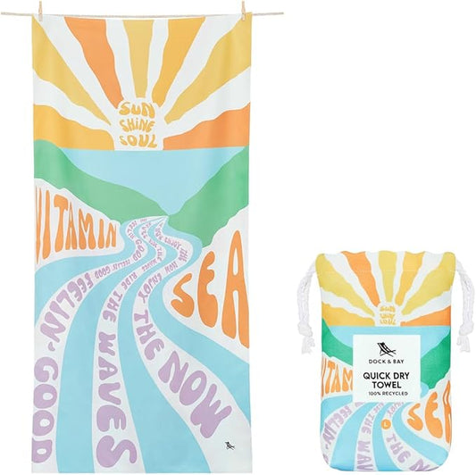 Dock & Bay Beach Towel - Quick Dry, Sand Free - Compact, Lightweight - 100% Recycled - Includes Bag - Vitamin Sea - Large (160x90cm, 63x35)-StrideForce Fitness
