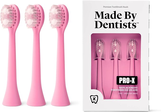 Made by Dentists PRO‑X Replacement Brush Heads – Compatible with PRO‑X Sonic Toothbrush (3 Pack) – Dentist‑Designed, Deep Plaque Removal, Soft Bristles, Travel‑Ready, Pink