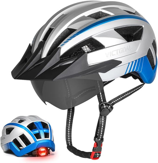 VICTGOAL Bike Helmet for Men Women with Led Light Detachable Magnetic Goggles Removable Sun Visor Mountain & Road Bicycle Helmets Adjustable Size Adult Cycling Helmets-StrideForce Fitness