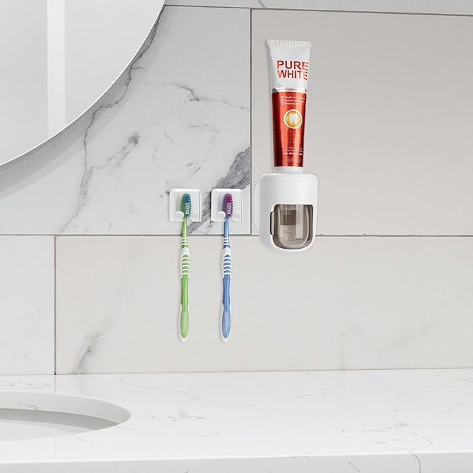 4 Pack Toothbrush Holder Wall Mounted with Cover for Bathroom, Mini Toothbrush Storage Organizer for Shower, Self Adhesive Toothbrush Hanger with Automatic Toothpaste Squeezer Dispenser