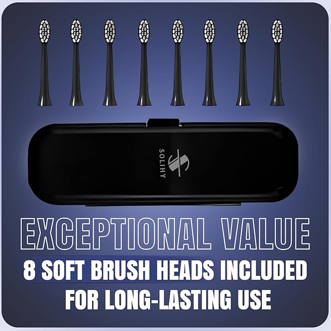 Electric Toothbrush with 8 Soft Bristle Heads for Adults, Pressure Sensor, 5 Modes with 2 Minutes Build in Smart Timer, Rechargeable Travel Toothbrush with Brush Hold and Tongue Scrapper