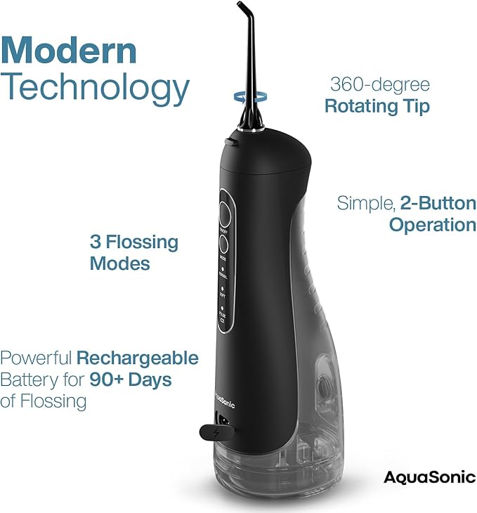 AquaSonic Aqua Flosser PRO - Rechargeable Cordless Water Flosser for Teeth, Gums & Tongue - Modern Design, 300ml Large Tank, 6 Jet Tips with Deluxe Tongue Nozzle, 3 Modes, Waterproof Black