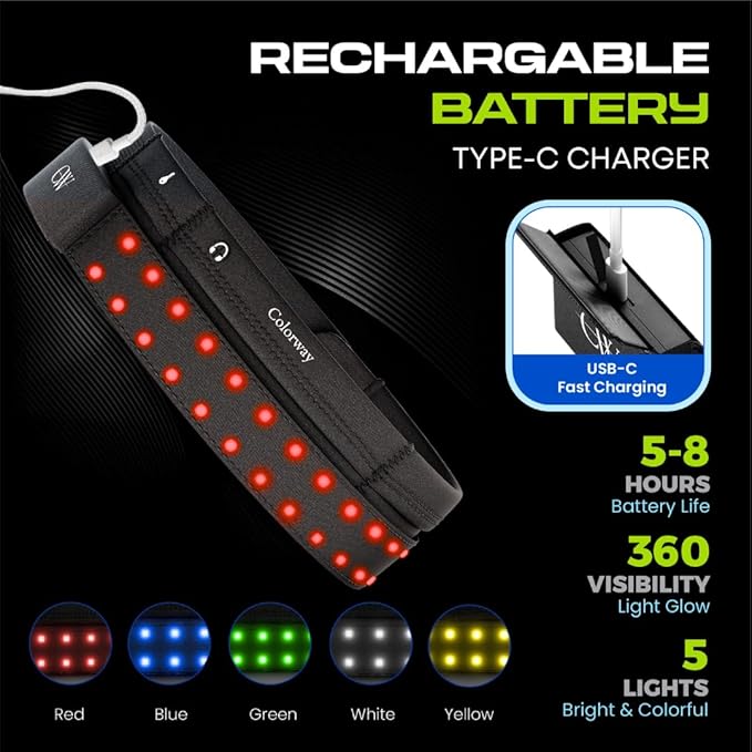 Colorway Led Running Belt – Day & Night Adjustable Waist Pack, Removable Light Strip, 3 Pouches for All Essentials, Reflective Running Gear for Men & Women (Rechargeable, Machine Washable)-StrideForce Fitness