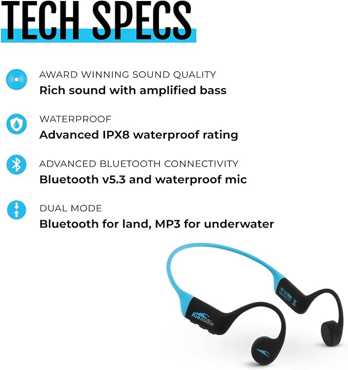 H2O Audio TRI 2 Multisport Waterproof Bone Conduction Open Ear Headphones, Bluetooth 5.3 for Running and Cycling, MP3 Mode for Swimming, 8GB Memory, 8.5-Hour Battery, Black-StrideForce Fitness
