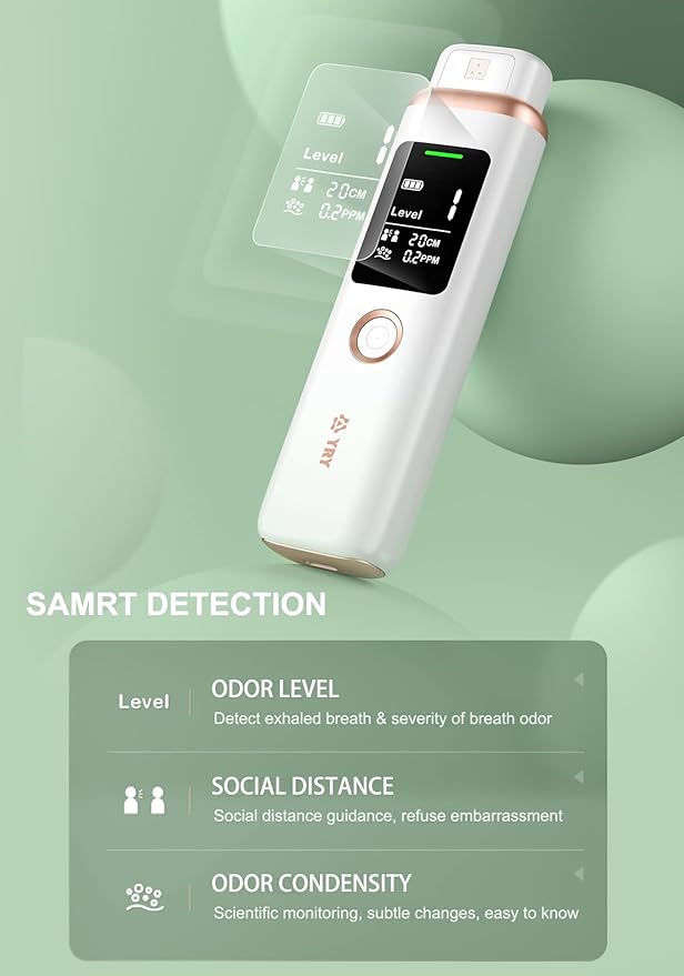 YRY Smart Breath Odor Detector, Portable Halimeter for Bad Breath, Precise MEMS Sensor, 32-bit CPU, Auto Calibration, 30-Day Rechargeable Battery