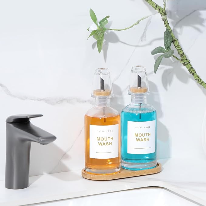 11.8OZ Glass Mouthwash Dispenser for Bathroom with Stainless Steel & Bamboo Nozzle, Mouthwash Cup Reusable, Bamboo Tray, and Elegant Gold Sticker.Set of 2（Clear