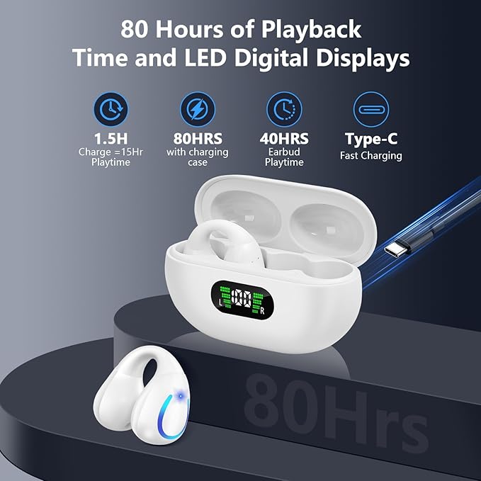Open Ear Bone Conduction Headphones Bluetooth 5.3 Clip On Earbuds with Digital Display Charging Case 60 Hours Playtime Sport Earphones Built-in Mic IPX7 Waterproof for Running Fitness White-StrideForce Fitness