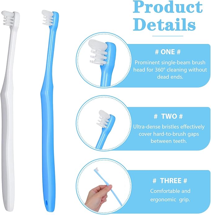 2Pcs End Tuft Toothbrush, Soft Wisdom Toothbrush for Adult, End Tapered Orthodontic Tooth Brush for Periodontal, Interdental Interspace, Dental Detail Cleaning (Blue White)