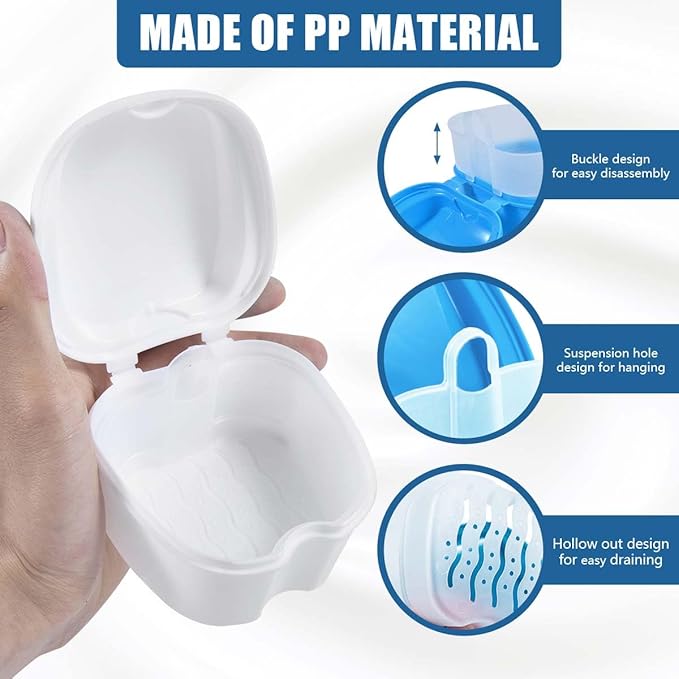 White Denture Bath Case Cup Box Holder Storage Container with Denture Cleaner Brush Strainer Basket for Travel Cleaning