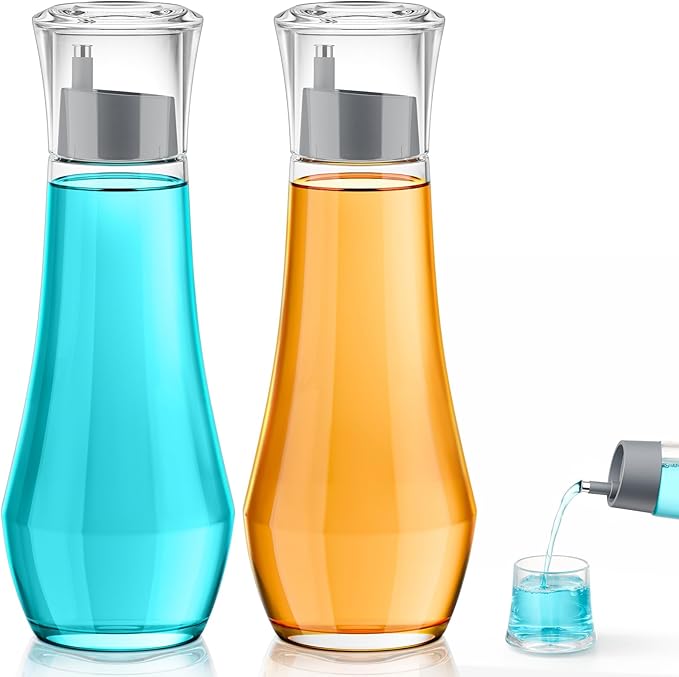 VITVITI Glass Mouthwash Dispenser for Bathroom, 8.8OZ Mouth Wash Container Bottle with Lid Cup, Small Clear Refillable Mouthwash Dispenser Decanter for Countertop, Set of 2, Gray