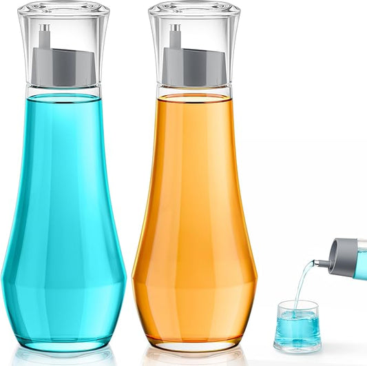 VITVITI Glass Mouthwash Dispenser for Bathroom, 8.8OZ Mouth Wash Container Bottle with Lid Cup, Small Clear Refillable Mouthwash Dispenser Decanter for Countertop, Set of 2, Gray