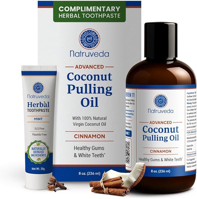 Cinnamon Coconut Pulling Oil, 8 oz | Advanced Ayurvedic Oil Pulling Mouthwash with Virgin Coconut Oil, Clove & Sesame | Alcohol-Free Oral Care | with 20g Herbal Toothpaste