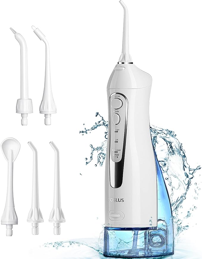 COSLUS Water Flosser Dental Pick: 300ML Oral Irrigator for Teeth Cleaning, Orthodontic, Braces & Sensitive Gums, Cordless Portable for Travel, IPX7 Waterproof, for Adults Teens Family Use, Pure White