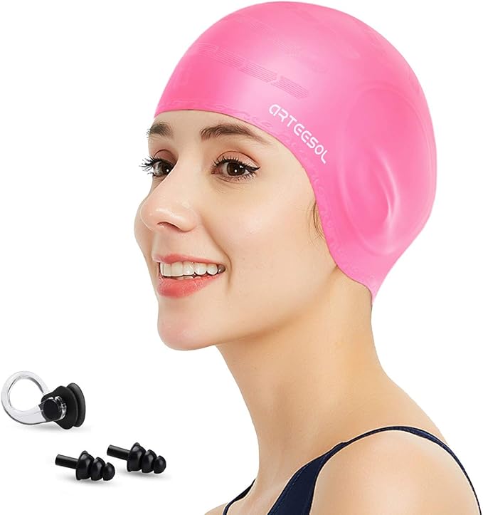 Swimming Cap, Silicone Swim Cap for Women Men, Durable Non-Slip Waterproof Swim Cap Protect Ears, Long Hair for Adults, Older Kids-StrideForce Fitness