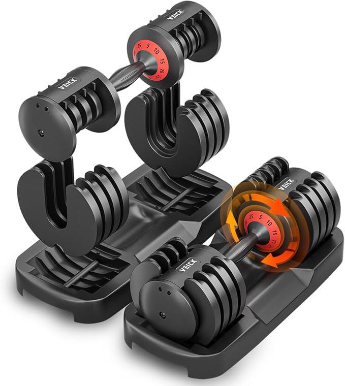 VEICK 25/55 lbs Adjustable Dumbbell with Anti-Slip Turning Handle, Fast Adjust Weight for Men Women, Exercise Equipment with Tray for Home Gym Full Body Workout Fitness-StrideForce Fitness