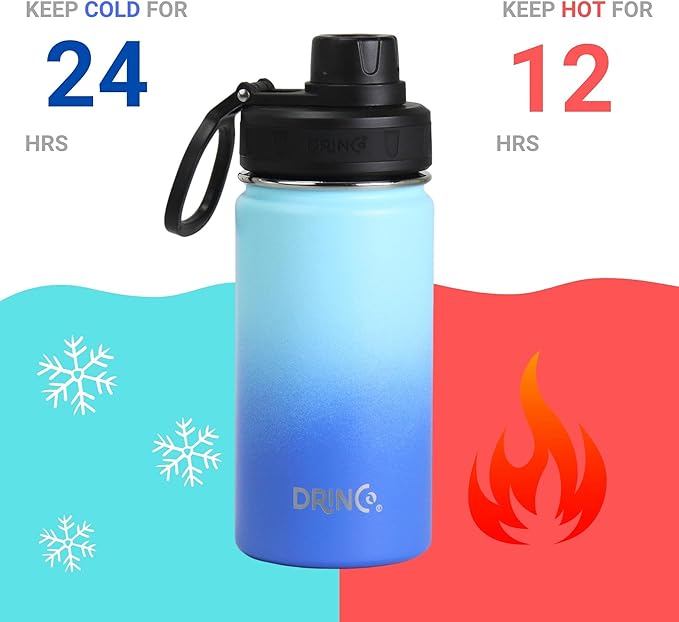 DRINCO Stainless Steel Water Bottle Spout Lid Vacuum Insulated Double Wall Water Bottle Wide Mouth (40oz 32oz 22oz 18oz 14oz) Leak Proof Keeps Cold or Hot (14 oz, 14oz Morning Sky Blue)-StrideForce Fitness