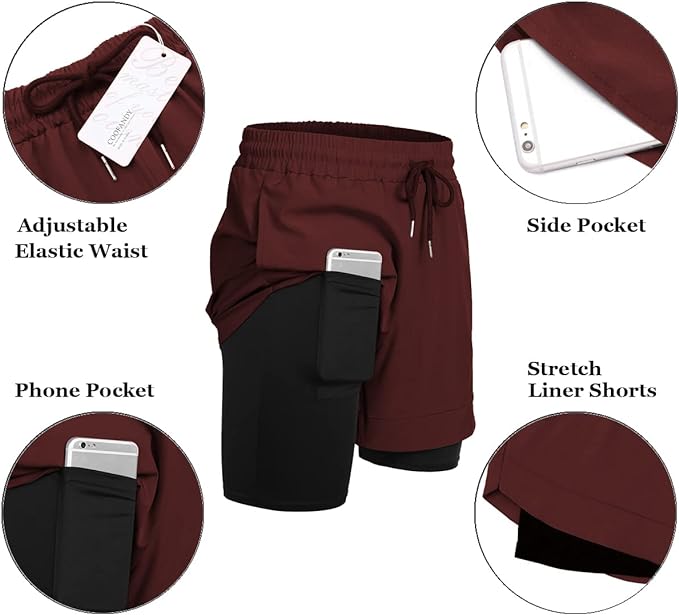 COOFANDY Men's 2 Pack Running Shorts 2 in 1 Workout Shorts Quick Dry Gym Training Athletic Jogger with Phone Pockets