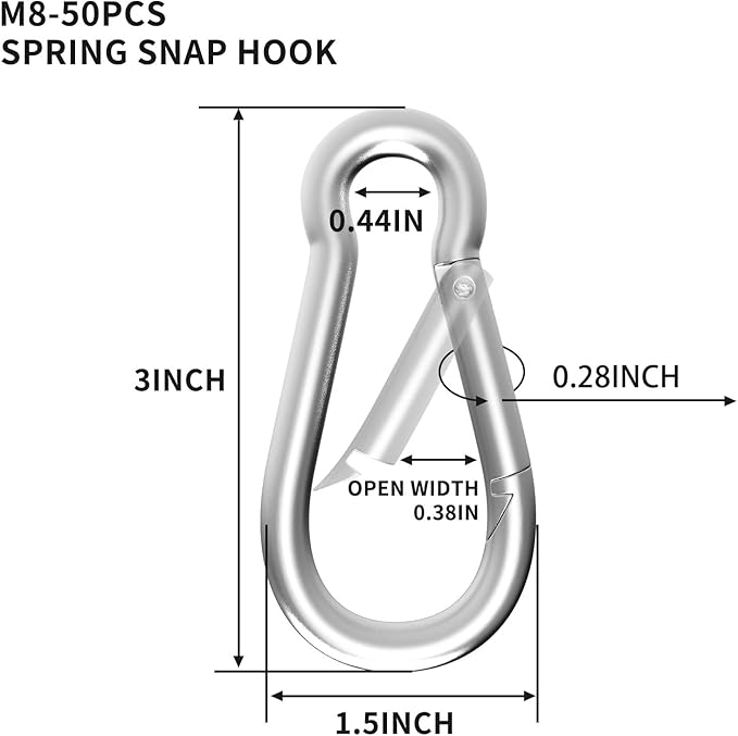 Carabiners Clip Spring Snap Hook,Heavy Duty Galvanized Steel(10&120PcsM6,50PCSM8&30PCSM10) Carabiner,Safety Quick Links Snap Hooks,Spring Clips for Swing Hammock Camping Keychain Outdoor-StrideForce Fitness