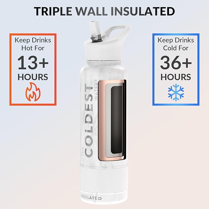 Coldest Insulated Water Bottle with Straw Lid - Stainless Steel Metal Insulated Bottle for Men & Women (Carrara Marble, 40 oz)-StrideForce Fitness