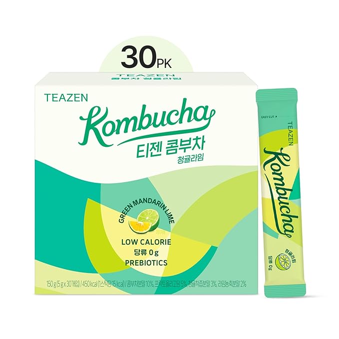 TEAZEN Green Mandarin Lime Kombucha Tea, Hydration Drink Mix, Sugar Free, Live Probiotics & Prebiotics, 30 Sticks, 5.29oz-StrideForce Fitness