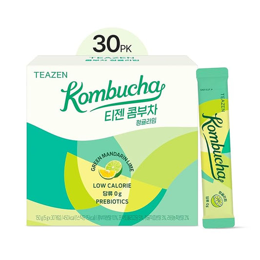 TEAZEN Green Mandarin Lime Kombucha Tea, Hydration Drink Mix, Sugar Free, Live Probiotics & Prebiotics, 30 Sticks, 5.29oz-StrideForce Fitness