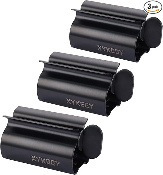 Toothpaste Tube Squeezer - Set of 3 Toothpaste Squeezer Rollers, Metal Toothpaste Tube Wringer Seat Holder Stand XYKEEY (Matt Black)