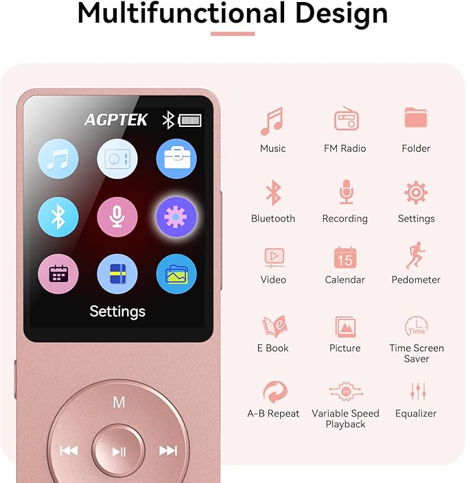 AGPTEK A02 MP3 Player with Bluetooth 5.3, 1.8 inch Screen Portable Music Player with Speaker, FM Radio, Voice Recorder, Supports Expanded Up to 128GB(Rose Gold, 64GB)-StrideForce Fitness