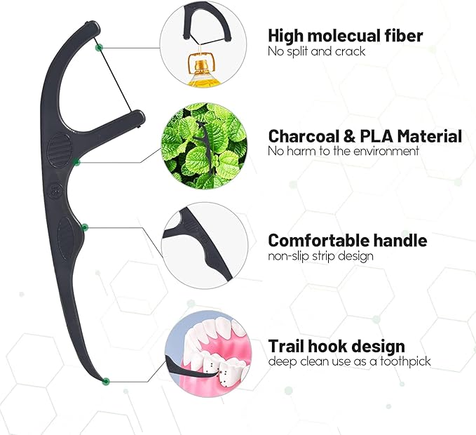 Y-Kelin Natural Dental Floss Picks - Vegan, Eco Friendly Black Bamboo Charcoal Dental Teeth Stick Tooth Pick Toothpick Flosser for Oral Care with a Fresh Feel Minty Flavor (200 Pcs)