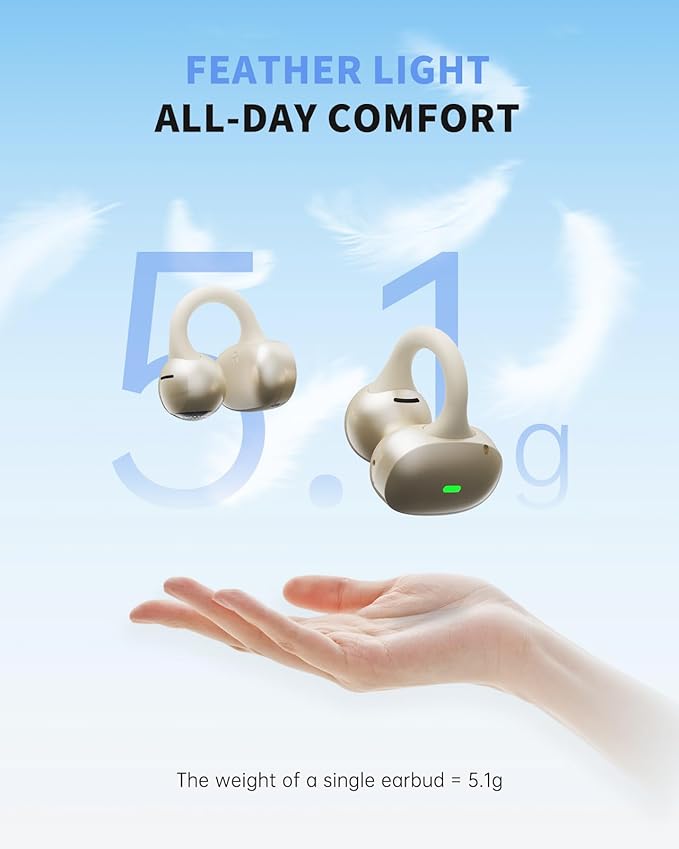Open Ear Earbuds, Clip-On Earbuds Wireless Bluetooth, Ear Clip Bluetooth Headphones, Lightweight Comfort, Ergonomic Secure Fit for Small Ears, Ultra Open Audio, Waterproof, 40H Playtime-StrideForce Fitness