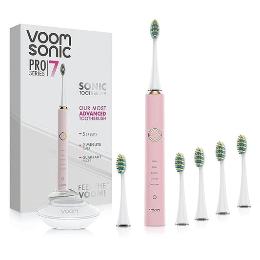 Voom Sonic Pro 7 Rechargeable Electronic Toothbrush + Pro 7 Series Replacement Brush Heads - 2-Minute Timer with Quadrant Pacing & 5 Adjustable Speeds,Soft Dupont Nylon Bristles Oral Care - Pink