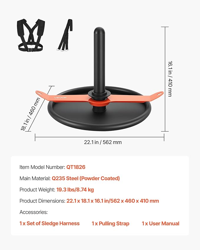 VEVOR Weight Sled, Steel Power Sled, Fitness Strength Training Sleds for Athletic Exercise Speed Improvement, Workout Fitness Equipment with Harness, Compatible with 2 in Weight Plate, Orange & Black-StrideForce Fitness