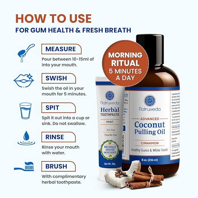 Cinnamon Coconut Pulling Oil, 8 oz | Advanced Ayurvedic Oil Pulling Mouthwash with Virgin Coconut Oil, Clove & Sesame | Alcohol-Free Oral Care | with 20g Herbal Toothpaste