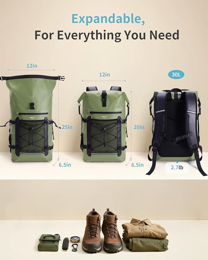 ECOHUB Waterproof Backpack for Women Men, 30L Roll-Top Closure Heavy Duty Dry Bag for Travel with IPX8 Waterproof Phone Case-StrideForce Fitness