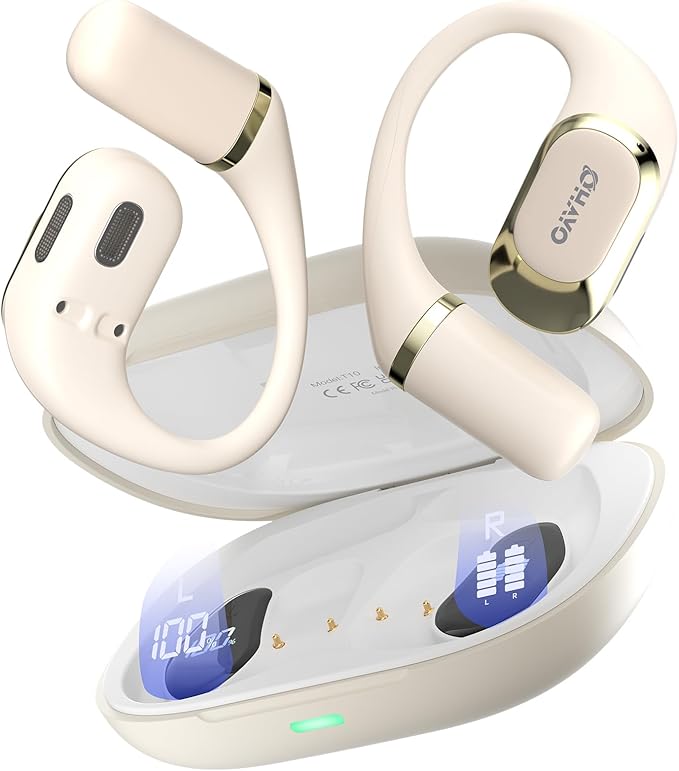 OHAYO Open Ear Headphones,Earbuds with Ergonomic Earhook,Bluetooth Headphones 5.4 with Smart Digital Display,40H Playtime,IPX6 Waterproof,Touch Control Earphones Fit Cycling,Running,Workout(Beige)-StrideForce Fitness