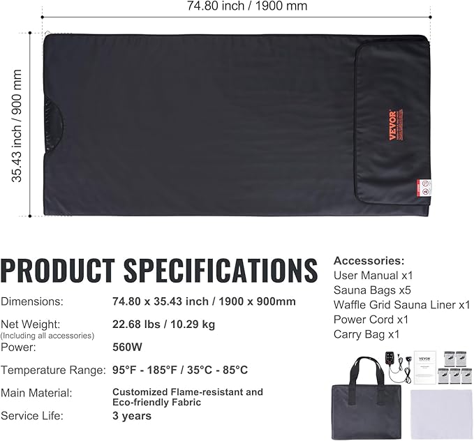 VEVOR Sauna Blanket for Detoxification, Portable Far Infrared Sauna for Home, PU Sauna Bag w/Therapy Stones & Carbon Fiber Heating, 1-6 Level Adjustable Temp 95-185℉, 1-60 Minutes Timer, 75 x 35in-StrideForce Fitness