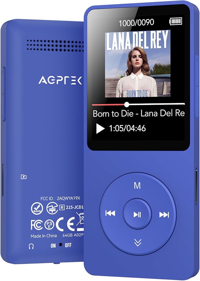 AGPTEK A02 MP3 Player with Bluetooth 5.3, 1.8 inch Screen Portable Music Player with Speaker, FM Radio, Voice Recorder, Supports Expanded Up to 128GB(Blue, 64GB)-StrideForce Fitness