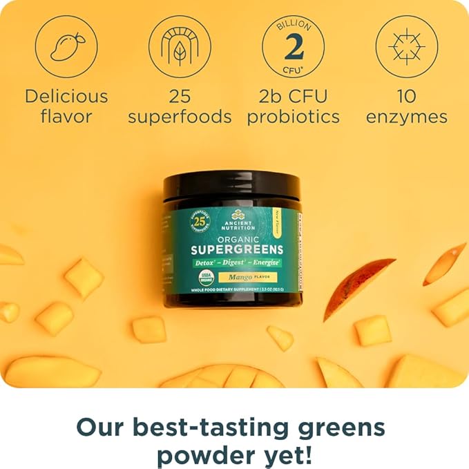 Ancient Nutrition SuperGreens Powder with Probiotics, Organic Mango Flavor Greens, Made from Real Fruits, Vegetables and Herbs, Digestive and Energy Support, 12 Servings, 3.3oz-StrideForce Fitness