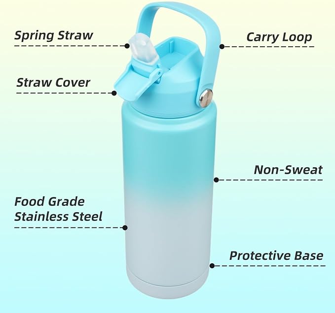 Insulated Water Bottle with Straw Lid,24 oz Stainless Steel Vacuum Metal Bottle with Silicone Handle,Sea Salt-StrideForce Fitness