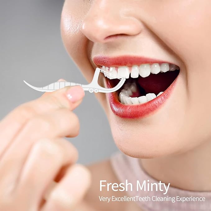 Dual-Line Dental Floss Picks, with Handle Flossers Toothpick ，Selected Floss Sticks 300 Count White，Ergonomic Dental Floss Holder, Mint Flavor,Double Cleaning Effect