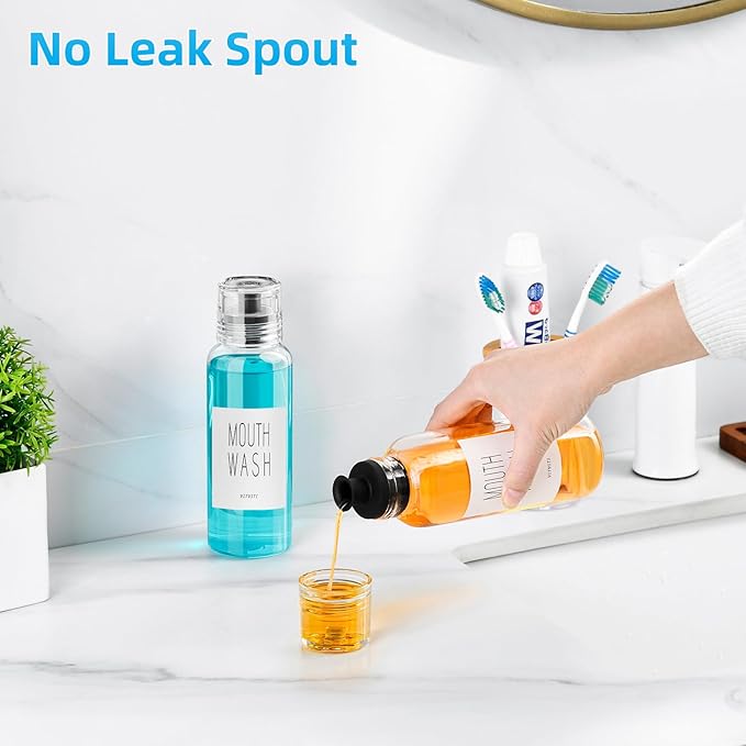 VITVITI Glass Mouthwash Dispenser for Bathroom, 10 OZ Mouth Wash Container Bottle with Lid Cup, Countertop Small Clear Refillable Mouthwash Dispensers Decanter (Black)