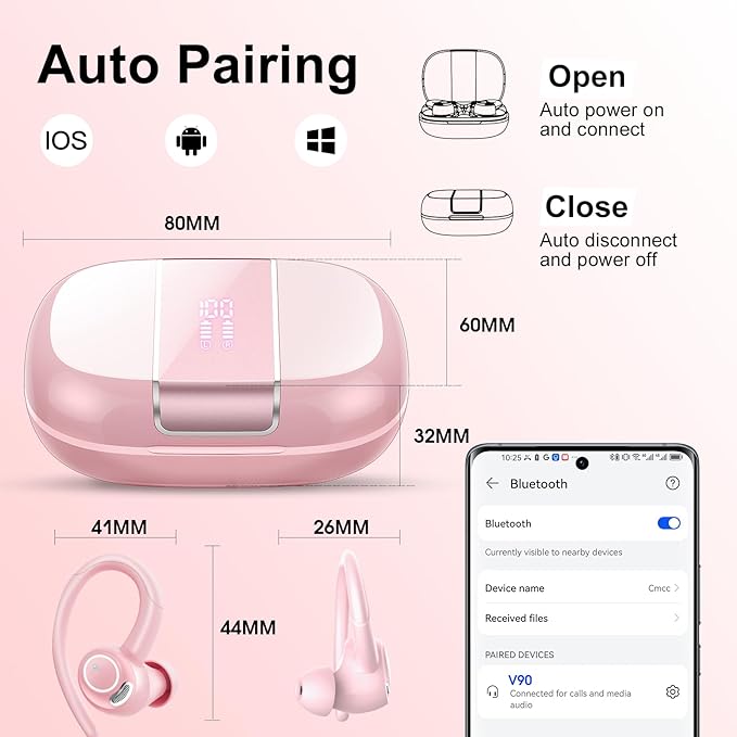 Wireless Earbuds Bluetooth 5.3 Headphones Sports, 48Hrs Playtime Bluetooth Earbuds with CVC 8.0 Mic, 2025 Stereo Bass Over Ear Bud with Earhooks, LED Display, IP7 Waterproof Earphon for Running Rose-StrideForce Fitness